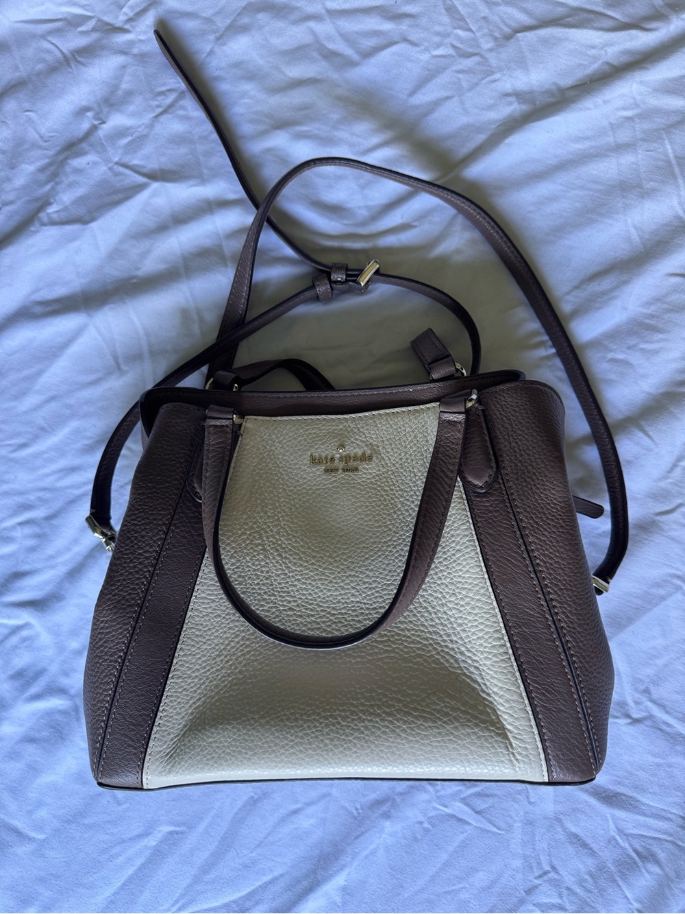 kate spade Two-Tone Brown & Cream Pebbled Leather Satchel with Crossbody Strap